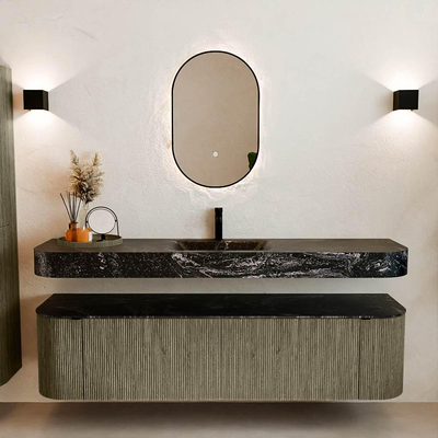 MONDIAZ THOR-DLUX Meuble de salle de bains - 180cm - arrondi gauche + droite - couleur Shadow - 2 tiroirs - 2 portes - Vasque suspendue CLOUD centrale 1 trou de robinet - couleur Lava