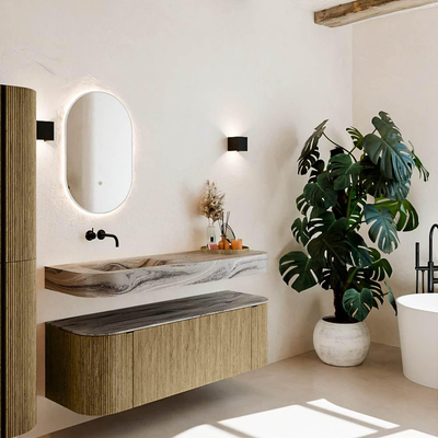 MONDIAZ THOR-DLUX Meuble de salle de bains 140cm arrondi gauche + droite couleur Dusk avec 1 tiroir et 2 portes. Vasque suspendue CLOUD Gauche sans trou de robinet couleur Sombra.