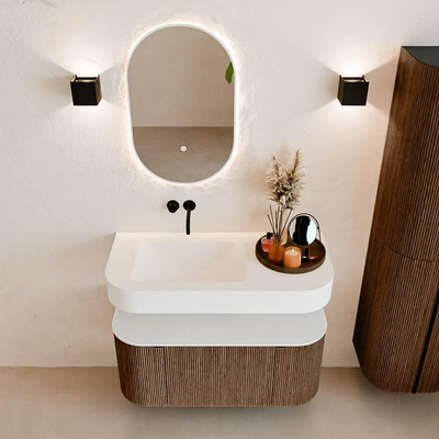 MONDIAZ THOR Meuble de salle de bains 100cm arrondi gauche + droite couleur Walnut avec 1 tiroir et 2 portes. Vasque suspendue CLOUD gauche sans trou de robinet couleur Talc.