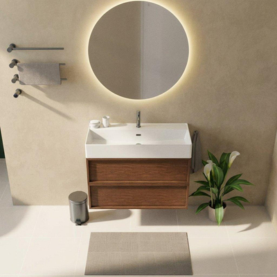 Saniclass Holz Frame Ensemble meuble de salle de bains - 100x45x72cm - lavabo Legend en céramique blanc - 1 vasque - 1 trou de robinet - 2 tiroirs - walnut pure mat (bois)