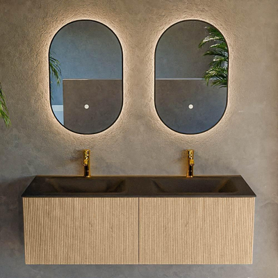 MONDIAZ KURVE 130cm meuble de salle de bains couleur Oak avec 2 tiroirs. Lavabo CLOUD double 2 trous de robinet Urban.