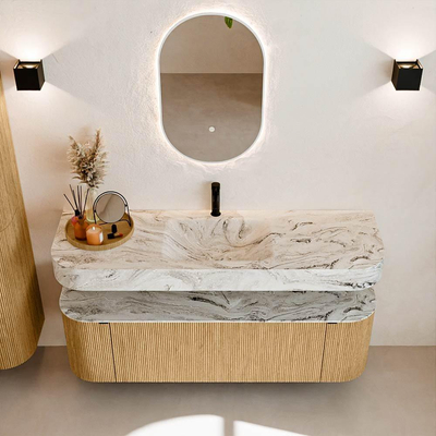 MONDIAZ THOR-DLUX 150cm meuble de salle de bains arrondi gauche + droite couleur Oak avec 1 tiroir et 2 portes. Vasque suspendue CLOUD Milieu 1 trou de robinet couleur Glace.