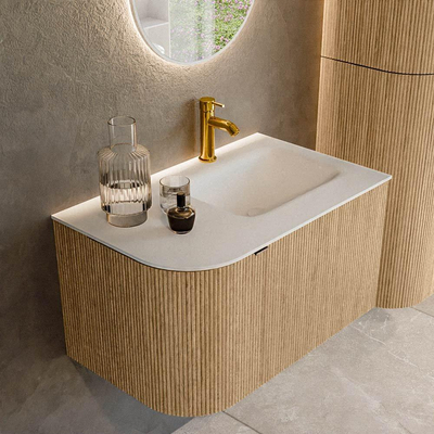 MONDIAZ KURVE Meuble de salle de bains 75 cm avec module 25 L couleur Oak avec 1 tiroir et 1 porte. Lavabo GRUNNE à droite 1 trou de robinet Talc.