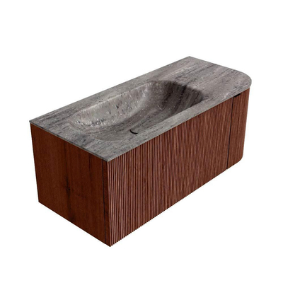 MONDIAZ KURVE-DLUX Meuble de salle de bains 105cm arrondi à droite couleur Ruby avec 1 tiroir et 1 porte. Lavabo BIG SMALL gauche 1 trou de robinet Oza.