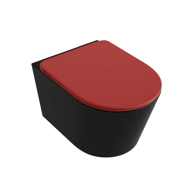 Mondiaz LAVIE hangtoilet – spoelrandloos – 36 x 53 cm – met softclose zitting – Urban (zwart), zitting Fire (rood)