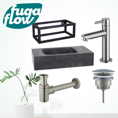 FugaFlow Eccelente Arredo Pack Lave-mains - 40x22x24.5cm - 1 trou de robinet - pierre naturelle - cadre noir - robinet Inox - Noir