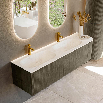 Mondiaz KURVE-DLUX Ensemble de meuble de salle de bains - 165x46x40cm - 2 tiroirs - 1 porte - vasque solid surface - double / gauche - 2 trous de robinet - Shadow