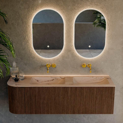 MONDIAZ KURVE-DLUX Meuble de salle de bains 145 cm arrondi à gauche couleur Walnut avec 1 tiroir et 1 porte. Lavabo LEAF Double / Droite sans trou de robinet Arena.