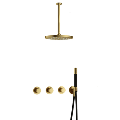 Hotbath Cobber IBS70 Regendoucheset - inbouw - 30cm plafondarm - 30cm ronde hoofddouche - staafhanddouche - PVD - geborsteld messing (goud)