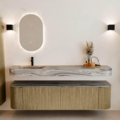 MONDIAZ THOR-DLUX 180cm meuble de salle de bains arrondi gauche + droite couleur Dusk avec 2 tiroirs et 2 portes. Vasque suspendue CLOUD Gauche 1 trou de robinet couleur Sombra.