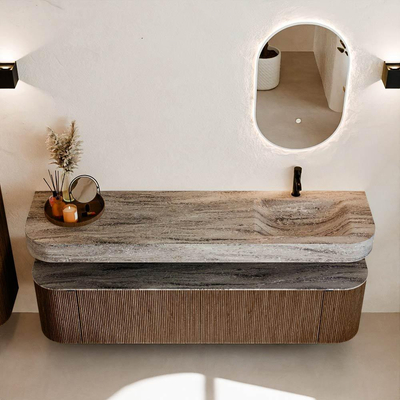 MONDIAZ THOR-DLUX 180cm badmeubel ronding links + rechts kleur Walnut met 2 lades en 2 deuren. Vrijhangende wastafel CLOUD Rechts 1 kraangat kleur Oza.