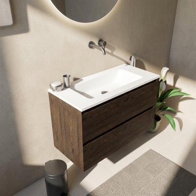 Saniclass Holz Pure Ensemble de meubles de salle de bains - 100x45x77.5cm - lavabo Torino en solid surface blanc - sans trou de robinetterie - 2 tiroirs - chêne charcoal mat (bois)