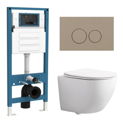 QeramiQ Dely Swirl Ensemble WC Compact - réservoir encastré QeramiQ flush - abattant slim - plaque de commande en plastique taupe - boutons rectangulaires - blanc brillant