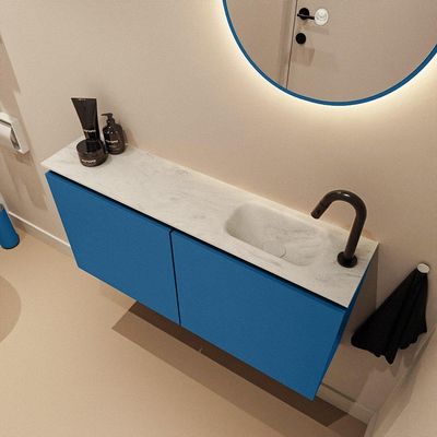 MONDIAZ TURE-DLUX Meuble de toilettes 100cm Jeans. EDEN lavabo Opalo position droite. Avec 1 trou de robinet.