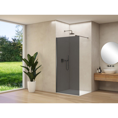 Van Rijn Products ST01 vaste wand - 98x200cm - grijs rookglas - - dikte 8mm - stabilisatiestang - muurprofiel - Gunmetal Geborsteld