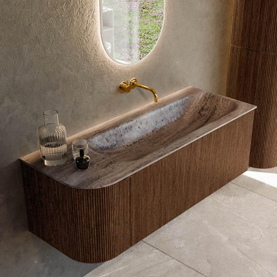 MONDIAZ KURVE-DLUX Meuble de salle de bains 125cm arrondi à gauche couleur Walnut avec 1 tiroir et 1 porte. Lavabo BIG MEDIUM à droite sans trou de robinet Oza.