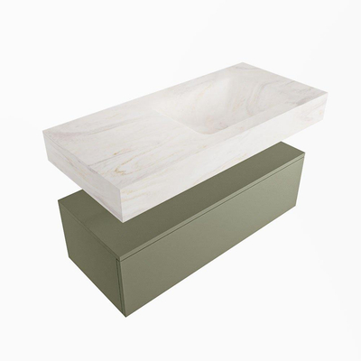 Mondiaz ALAN-DLUX Ensemble de meuble - 100cm - meuble Army mat - 1 tiroir - Lavabo Cloud Ostra suspendu - vasque Droite - 0 trous de robinet