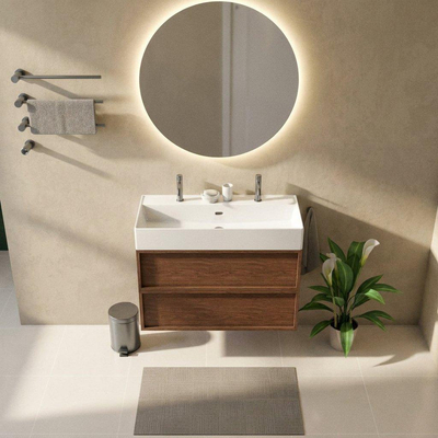 Saniclass Holz Frame Ensemble de meubles de salle de bains - 100x45x72cm - Legend lavabo en céramique blanc - 1 vasque - 2 trous de robinetterie - 2 tiroirs - walnut pure mat (bois)