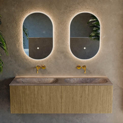 MONDIAZ KURVE-DLUX Meuble de salle de bains 140 cm couleur Dusk avec 2 tiroirs et 0 portes. Plan-vasque STOR SMALL Double sans trou de robinet Oza.