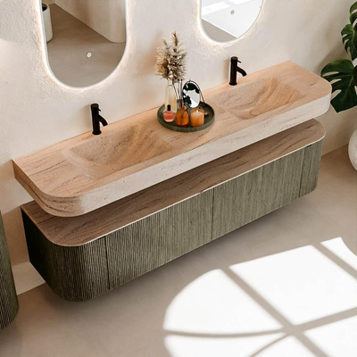 MONDIAZ THOR-DLUX Meuble de salle de bains - 190cm - arrondi gauche + droite - couleur Shadow - 2 tiroirs et 2 portes - Lavabo suspendu CLOUD Double 2 trous de robinet - couleur Saba