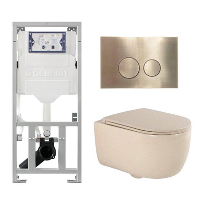 eramiQ Dely Swirl Ensemble WC - 36.3x51.7cm - Réservoir encastré Geberit UP320 - Abattant fin - Plaque de commande en laiton brossé - Boutons ronds - Beige