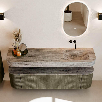 MONDIAZ THOR-DLUX 170cm meuble de salle de bains arrondi gauche + droite couleur Shadow avec 1 tiroir et 2 portes. Vasque suspendue CLOUD Droite sans trou de robinet couleur Oza.