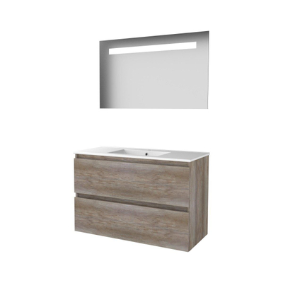 Basic-Line Economic 46 ensemble de meubles de salle de bain 100x46cm sans poignée 2 tiroirs lavabo en porcelaine 1 trou de robinetterie miroir éclairage led intégré mfc scotch oak