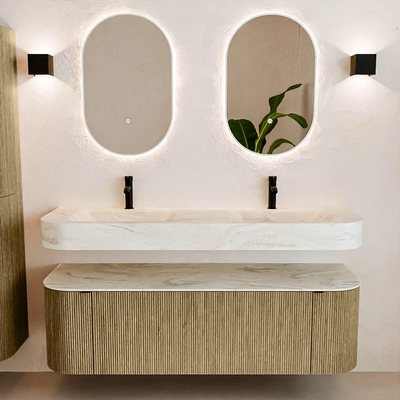 MONDIAZ THOR-DLUX Meuble de salle de bains 150cm arrondi gauche + droite couleur Dusk avec 1 tiroir et 2 portes. Vasque suspendue CLOUD Double 2 trous de robinet couleur Ostra.