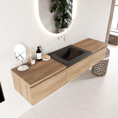 Mondiaz BUKLA badkamermeubelset 180x45x34cm 0 kraangaten wasbak midden solid surface Urban greeploos 3 lades met softclose Melamine Washed Oak