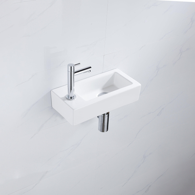 FugaFlow Efficiente Pietra Fonteinset - 37.5x18.5x9cm - keramiek - kraangat links - fonteinkraan chroom - afvoerplug - verlaagd sifon - Mat wit