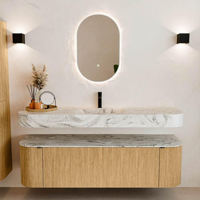 MONDIAZ THOR-DLUX 160cm badmeubel ronding links + rechts kleur Oak met 1 lade en 2 deuren. Vrijhangende wastafel CLOUD Midden 1 kraangat kleur Glace.