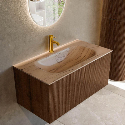 MONDIAZ KURVE-DLUX 90cm badmeubel kleur Walnut met 1 lade en 0 deuren. Wastafel BIG SMALL Midden 1 kraangat Arena.