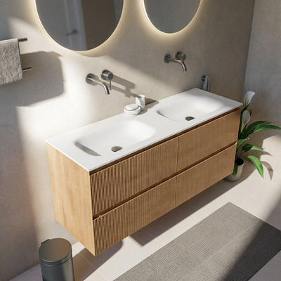 Saniclass Holz Atelier Ensemble meuble de salle de bains - 140x45x61.5cm - lavabo Flow en solid surface blanc - 2 vasques - sans trous de robinetterie - 4 tiroirs - chêne natural mat (bois)