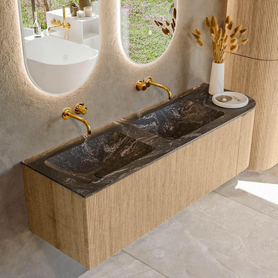 MONDIAZ KURVE-DLUX 145cm badmeubel met module 25 R kleur Oak met 1 lade en 1 deur. Wastafel LEAF dubbel / links zonder kraangat kleur Lava.