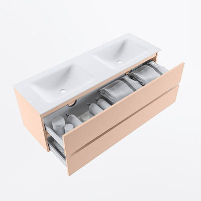Mondiaz VICA Ensemble de meuble de salle de bain - 140cm - meuble sous vasque rosee - 2 tiroirs - lavabo cloud double - 2 trous de robinet - version haute de 60cm - talc