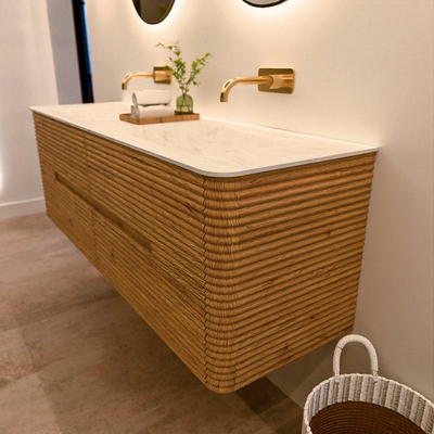 Mondiaz CIRO-DLUX Meuble de salle de bains - 150x45x50cm - vasque solid surface Opalo - 2 bacs Double - sans trous de robinetterie - 4 tiroirs - Chêne