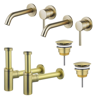 FugaFlow Eccelente Sobrado Badkamer Slim Wastafelkraanset - voor dubbele wastafel - inbouw wastafelkraan - always open plug - design sifon - PVD Geborsteld Messing