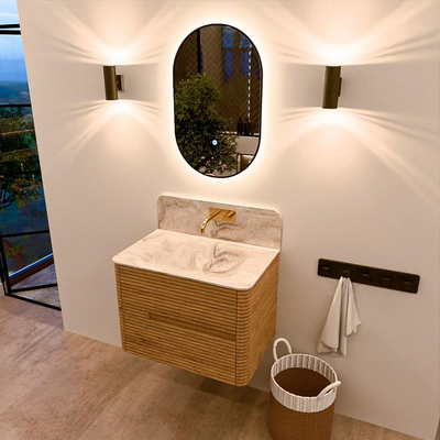 Mondiaz CIRO-DLUX Badkamermeubelset - 70x45x50cm - Solid surface wastafel Frappe - 1 wasbak Midden - zonder kraangaten - 2 lades - Oak