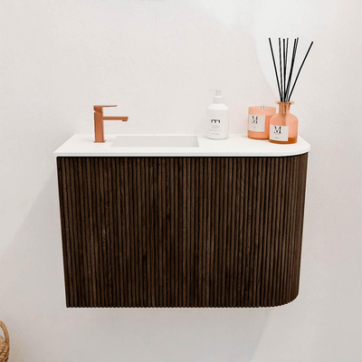Mondiaz JOYA 61.6cm toiletmeubel - ronding rechts kleur Walnut - Wastafel FAYE positie Links 1 kraangat kleur Talc.