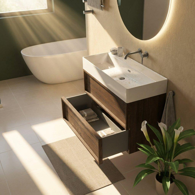 Saniclass Holz Frame Ensemble de meuble de salle de bains - 100x45x72cm - Legend lavabo en céramique blanc - 1 vasque - sans trou de robinet - 2 tiroirs - chêne charcoal mat (bois)
