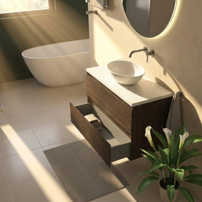 Saniclass Holz Pure Ensemble meuble de salle de bains - 100x45x63cm - Plan vasque en marbre Dia poli (blanc) - sans trou de robinetterie - 2 tiroirs - chêne charcoal mat (bois)