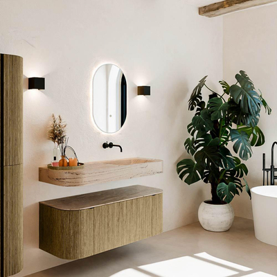 MONDIAZ THOR-DLUX 120cm meuble de salle de bains arrondi gauche + droite couleur Dusk avec 1 tiroir et 2 portes. Vasque suspendue CLOUD droite sans trou de robinet couleur Arena.