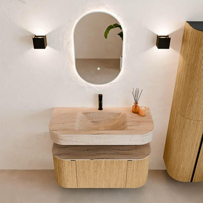 MONDIAZ THOR-DLUX 100cm badmeubel ronding links + rechts kleur Oak met 1 lade en 2 deuren. Vrijhangende wastafel CLOUD Midden 1 kraangat kleur Saba.