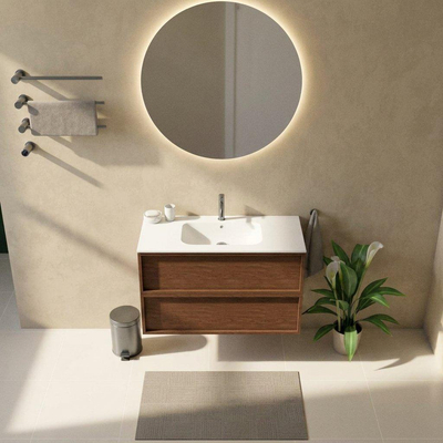 Saniclass Holz Frame Ensemble meuble de salle de bains - 100x45x61.5cm - Lavabo Flow en solid surface blanc - 1 vasque - 1 trou de robinetterie - 2 tiroirs - walnut pure mat (bois)