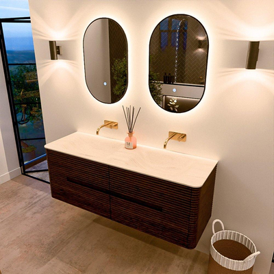 Mondiaz CIRO-DLUX Meuble de salle de bains - 140x45x50cm - lavabo solid surface Meli - 2 vasques Double - sans trous de robinet - 4 tiroirs - Noyer
