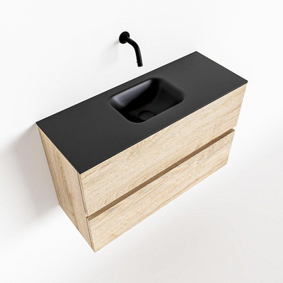 MONDIAZ ADA Toiletmeubel - 80x30x50cm - 0 kraangaten - 2 lades - washed oak mat - wasbak midden - Solid surface - Zwart
