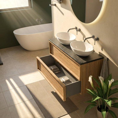 Saniclass Holz Frame Ensemble meuble de salle de bains - 120x45x63cm - Vasque en basalte Noche polie - 1 vasque - sans trou de robinetterie - 2 tiroirs - chêne natural mat (bois)