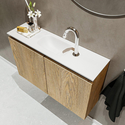 Mondiaz TURE Meuble lave-mains 80x23x50cm 1 trou de robinet 2 portes Washed oak mat Lavabo Eden Centre Solid Surface Blanc