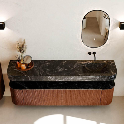 MONDIAZ THOR-DLUX Meuble de salle de bains - 190cm - arrondi gauche + droite - couleur Ruby - 2 tiroirs et 2 portes - Vasque suspendue CLOUD Droite sans trou de robinet - couleur Lava