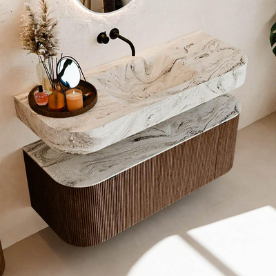 MONDIAZ THOR-DLUX 120cm badmeubel ronding links + rechts kleur Walnut met 1 lade en 2 deuren. Vrijhangende wastafel CLOUD Midden zonder kraangat kleur Glace.